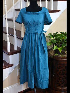 eShakti Turquoise 60's Retro Fit & Flare dress POCKETS custom size 10